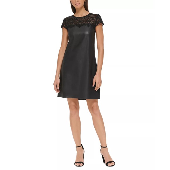 KENSIE Women's Lace-Trim Faux-Leather Shift Dress | 10 - Picture 1 of 3